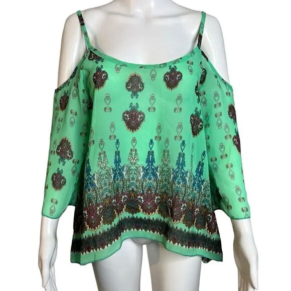 Nabee Bohemian Cold Shoulder Long Sleeve Blouse Green Size Medium - Picture 1 of 4